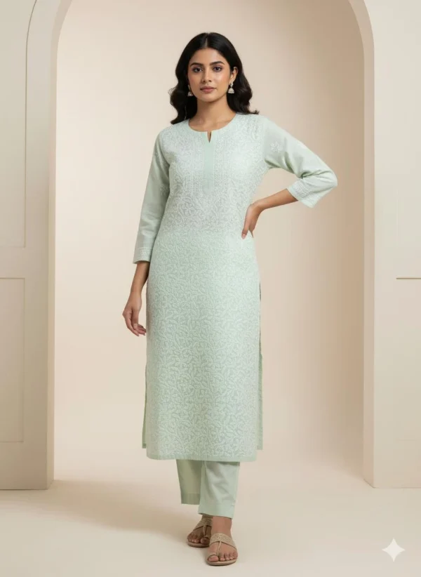 GREEN CHANDERI LONG CHIKANKARI KURTA