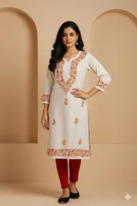 MULTI COLOURED THREAD WHITE COTTON LONG CHIKANKARI KURTA