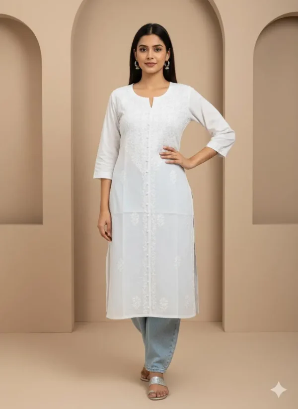 WHITE COTTON Front Open CHIKANKARI KURTA by Elaasa
