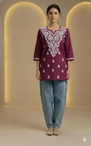 DAMAN WINE COTTON SHORT CHIKANKARI KURTI