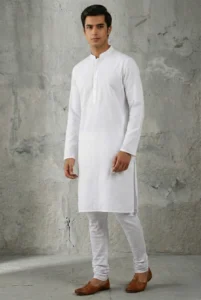 Cotton Round Neck White Kurta For Men by Elaasa