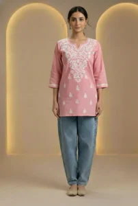 DAMAN PEACH COTTON SHORT CHIKANKARI KURTI